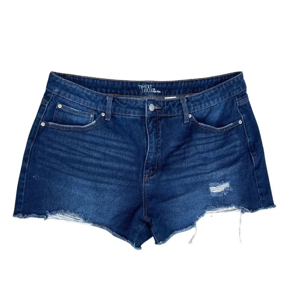 Time And Tru Women's High-Rise Cut Off Blue Jean Shorts - Distressed Denim